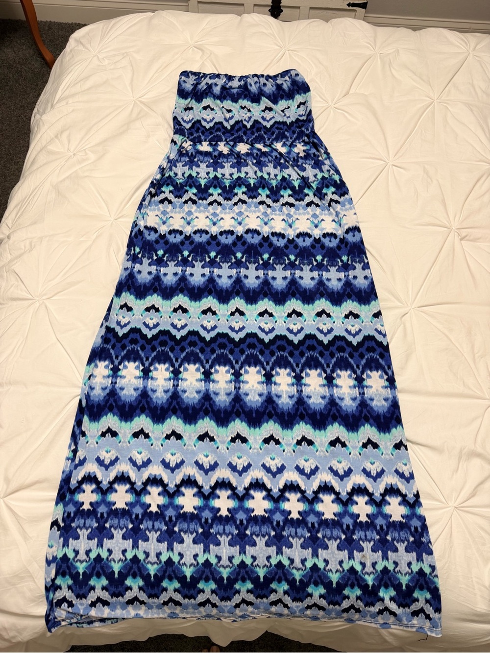 Three Hearts Strapless Blue & White Patterned Maxi Dress